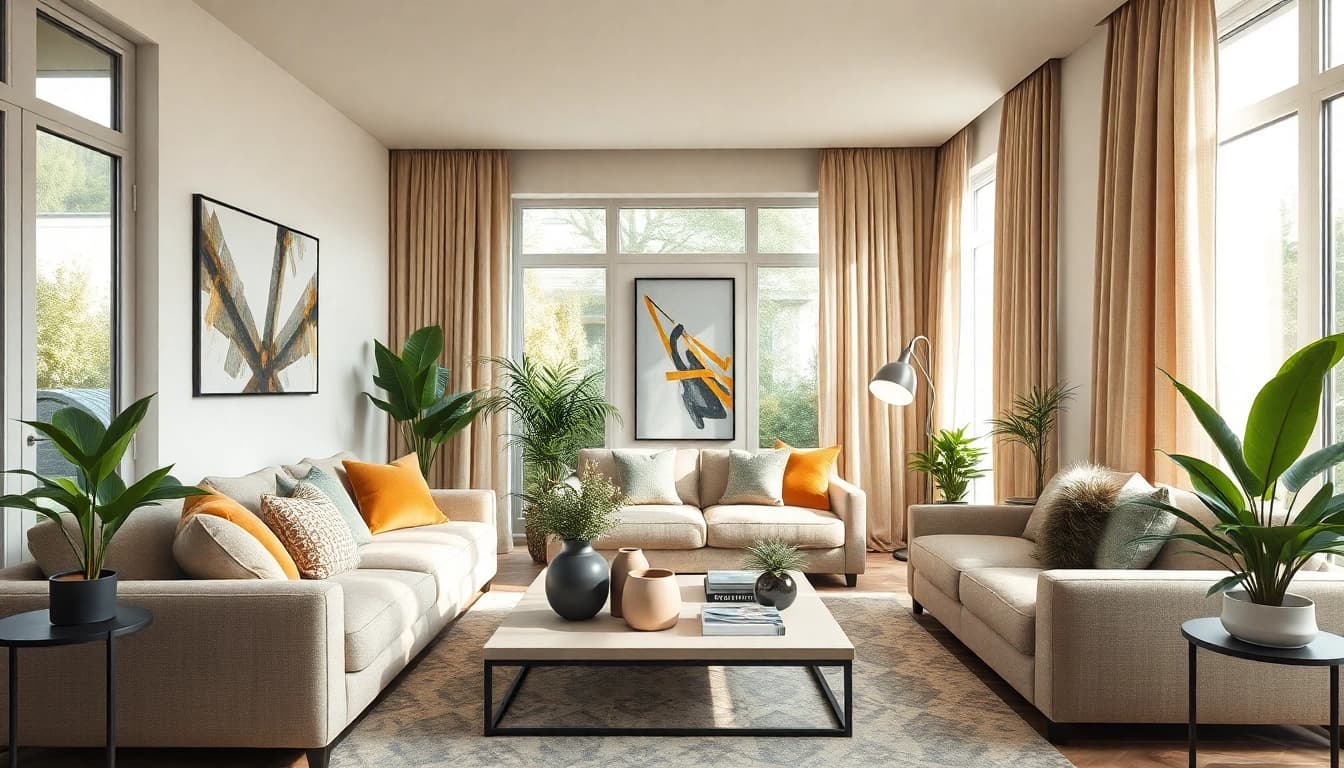 Stylish Raumgestaltung in a cozy living room featuring a modern sofa and vibrant plants.