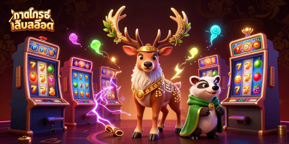Engage in ทดลองเล่นสล็อต with a vibrant scene featuring a druid stag and badger amidst dynamic casino elements.