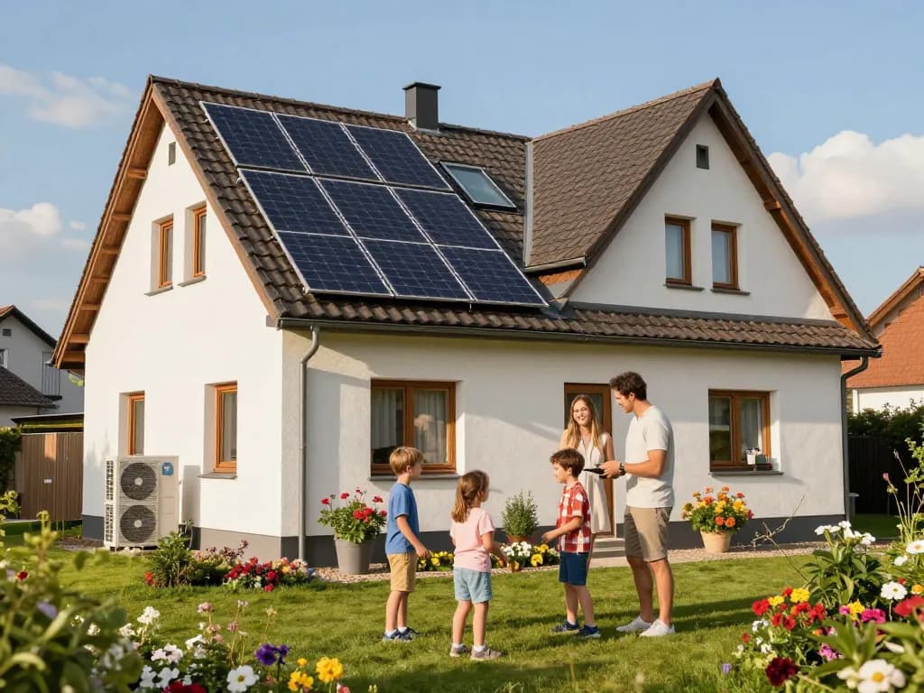 Photovoltaik Bayern - Familie erkundet Solarpanels auf einem sonnigen bayerischen Zuhause