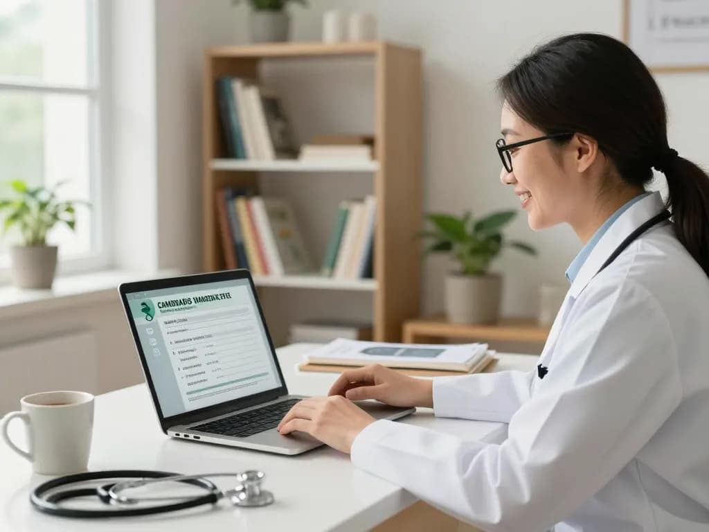 Konsultation zu Cannabis auf Rezept mit einem Gesundheitsfachmann in einem Homeoffice, das eine warme und einladende Telemedizin-Atmosphäre schafft.