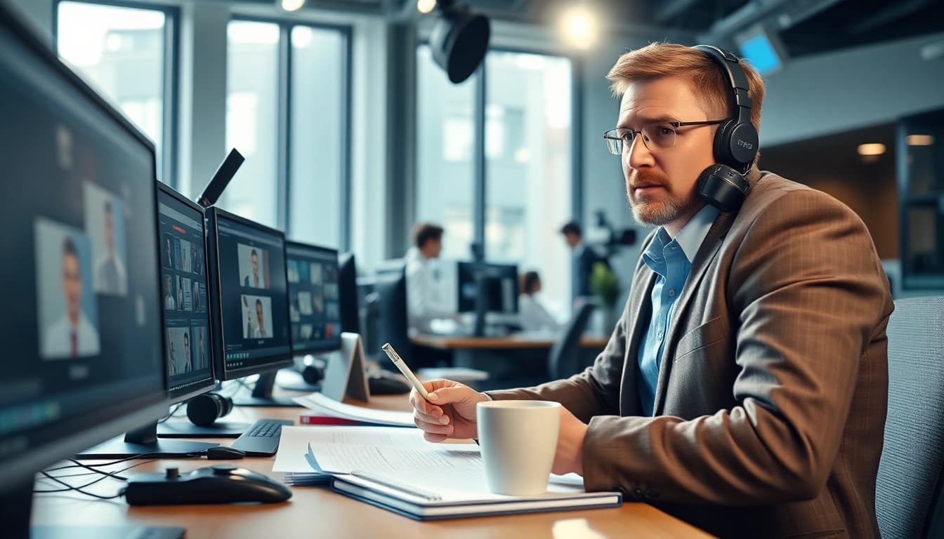 Aktuelle Meldungen in einem professionellen Nachrichtenbüro mit einem Journalist bei der Arbeit.