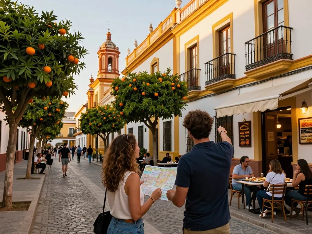 Reisetipps Sevilla - Entdecken Sie die lebhaften Straßen Sevillas mit Tapas und charmanten Architekturen.