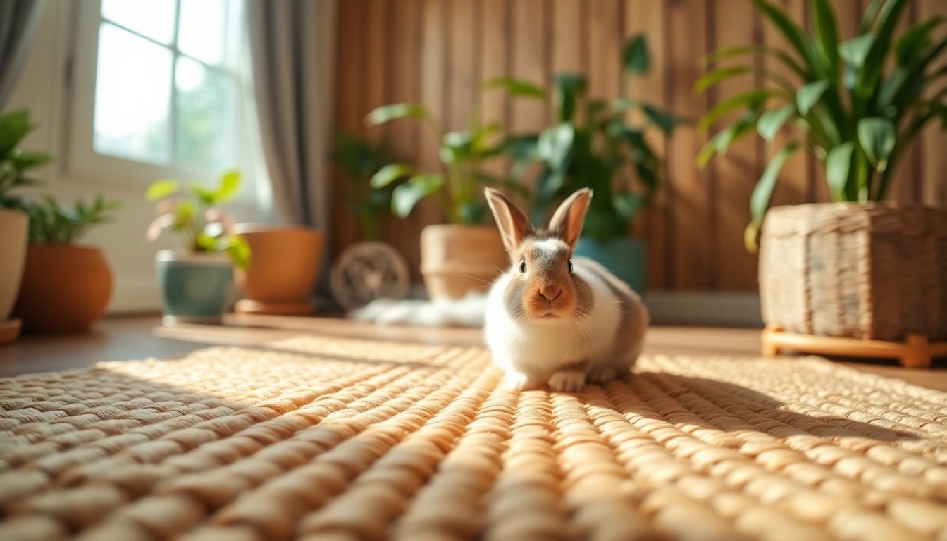 Hanfmatte für Haustiere, gemütlich im Einsatz mit einem verspielten Kaninchen auf der Matte.