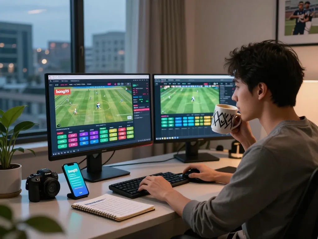 Exciting online betting setup on bong99 with multiple screens and coffee.