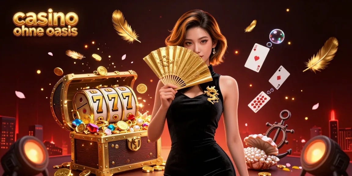 Experience excitement with casino ohne oasis, featuring a stunning Asian woman amidst floating cards and rich treasures.