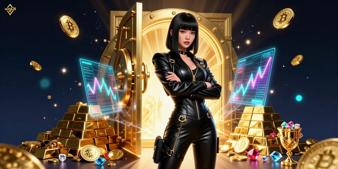 Experience the win678 excitement with a stunning Asian woman in a futuristic casino filled with treasures.
