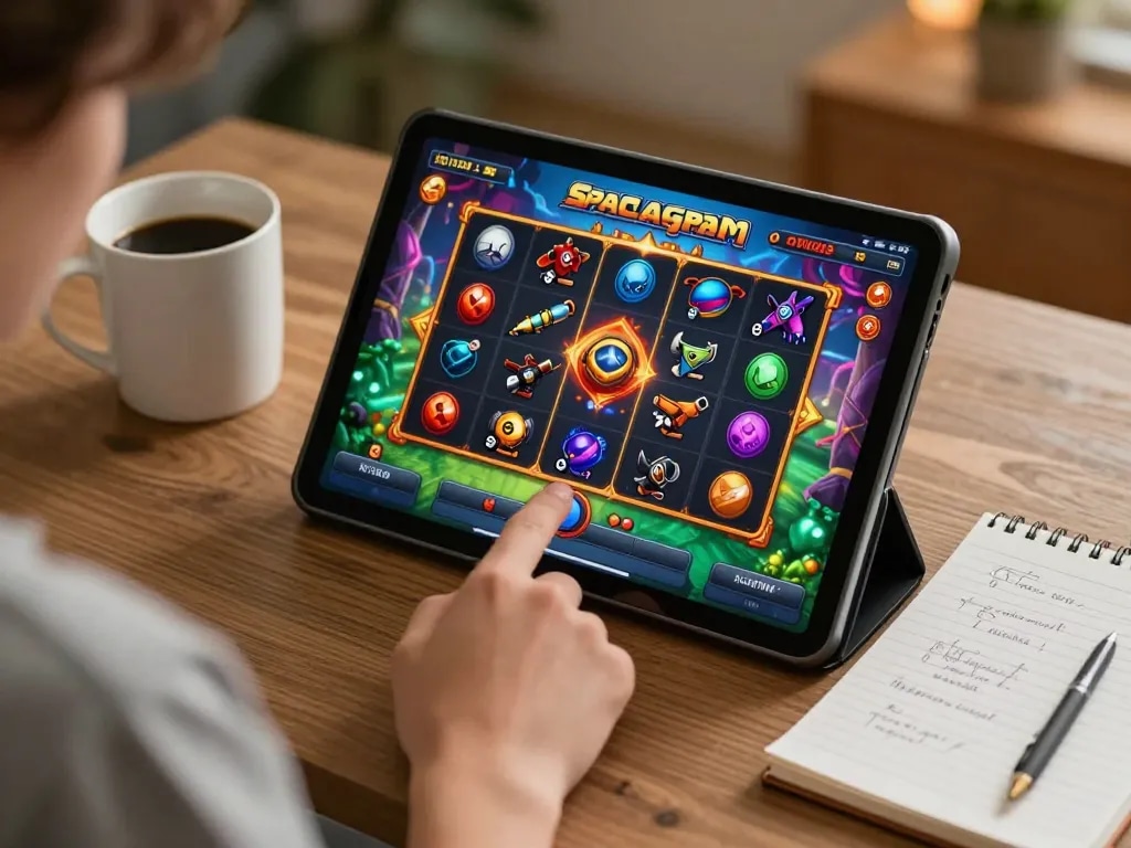 Player engaging with the slot spaceman game on a tablet, showcasing strategic mobile gambling.