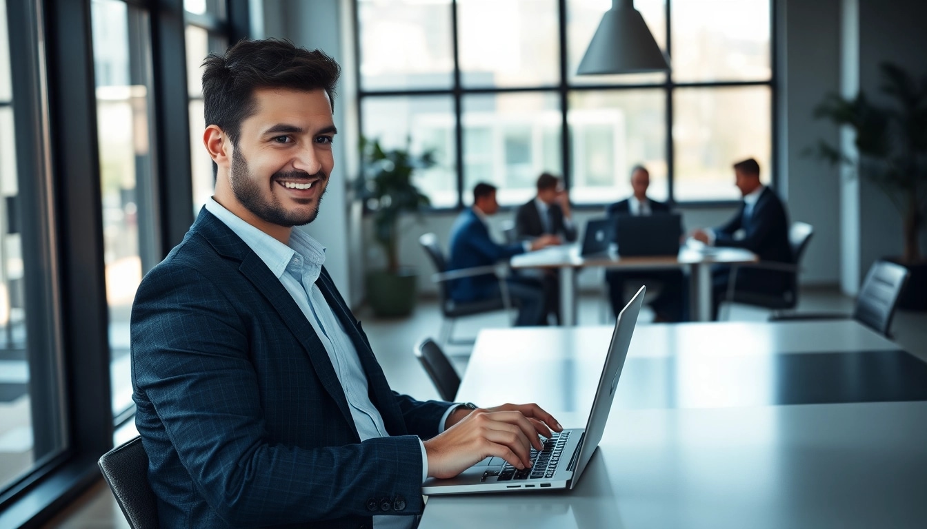 Headhunter IT arbeitet an einem Laptop, während IT-Profis im Hintergrund diskutieren.