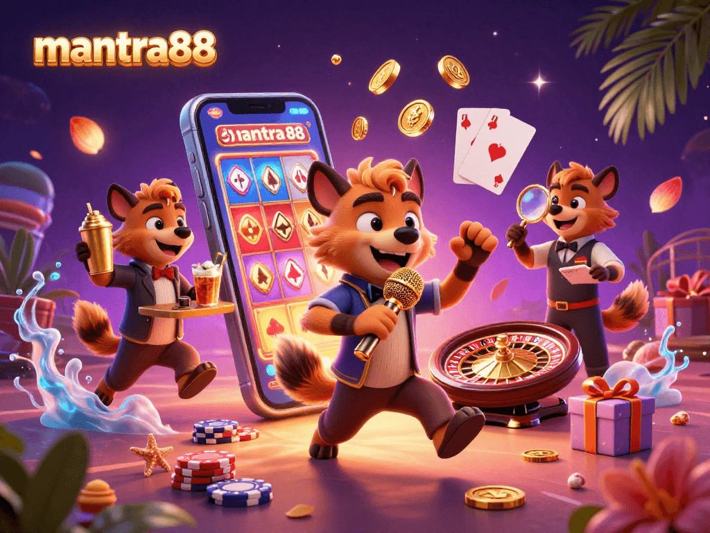 Experience the thrill of mantra88 through hyena characters enjoying a vibrant casino scene filled with games and fun.