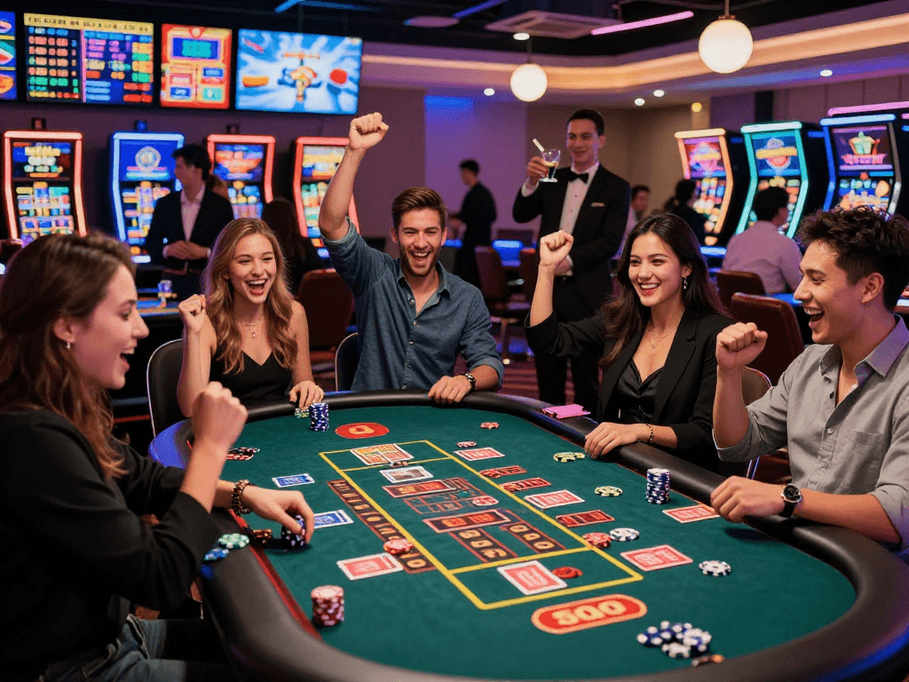 Celebration at a dynamic gaming table showcasing nhà cái net88's vibrant atmosphere with excited players.