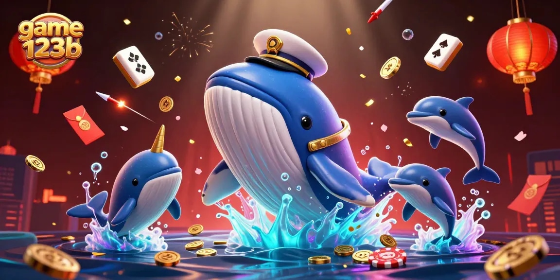 Experience the thrill of game 123b with whales, dolphins, and festive casino elements in this vibrant illustration.