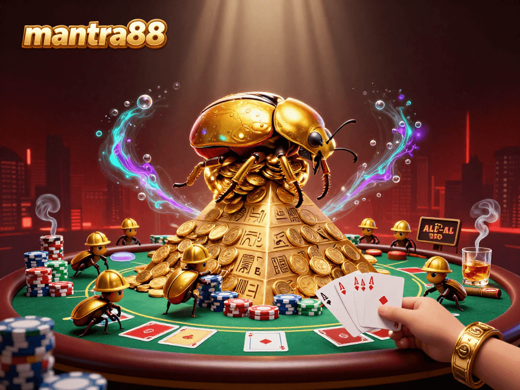 Experience the excitement of mantra88, where golden beetles roll coins in a vibrant casino scene.