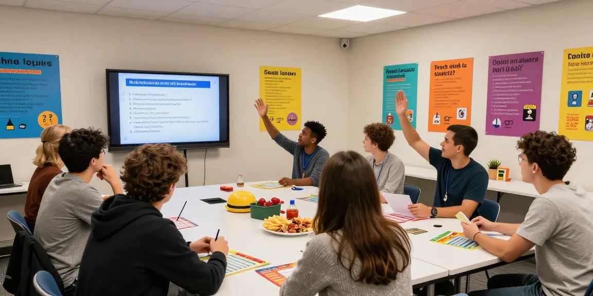 Enthusiasten beim Quiz Allgemeinwissen in einer lebhaften Umgebung mit Fragen und Antworten.