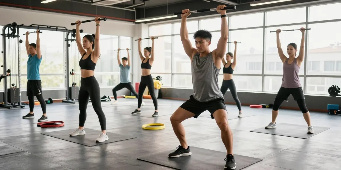 Training im Astera Shop mit Athleten in einem modernen Fitnessstudio, die Gewichte heben und Yoga praktizieren.
