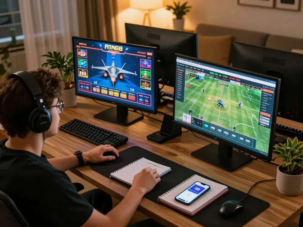 F168 user engaging with live dealer games on multiple screens, showcasing exciting online gambling