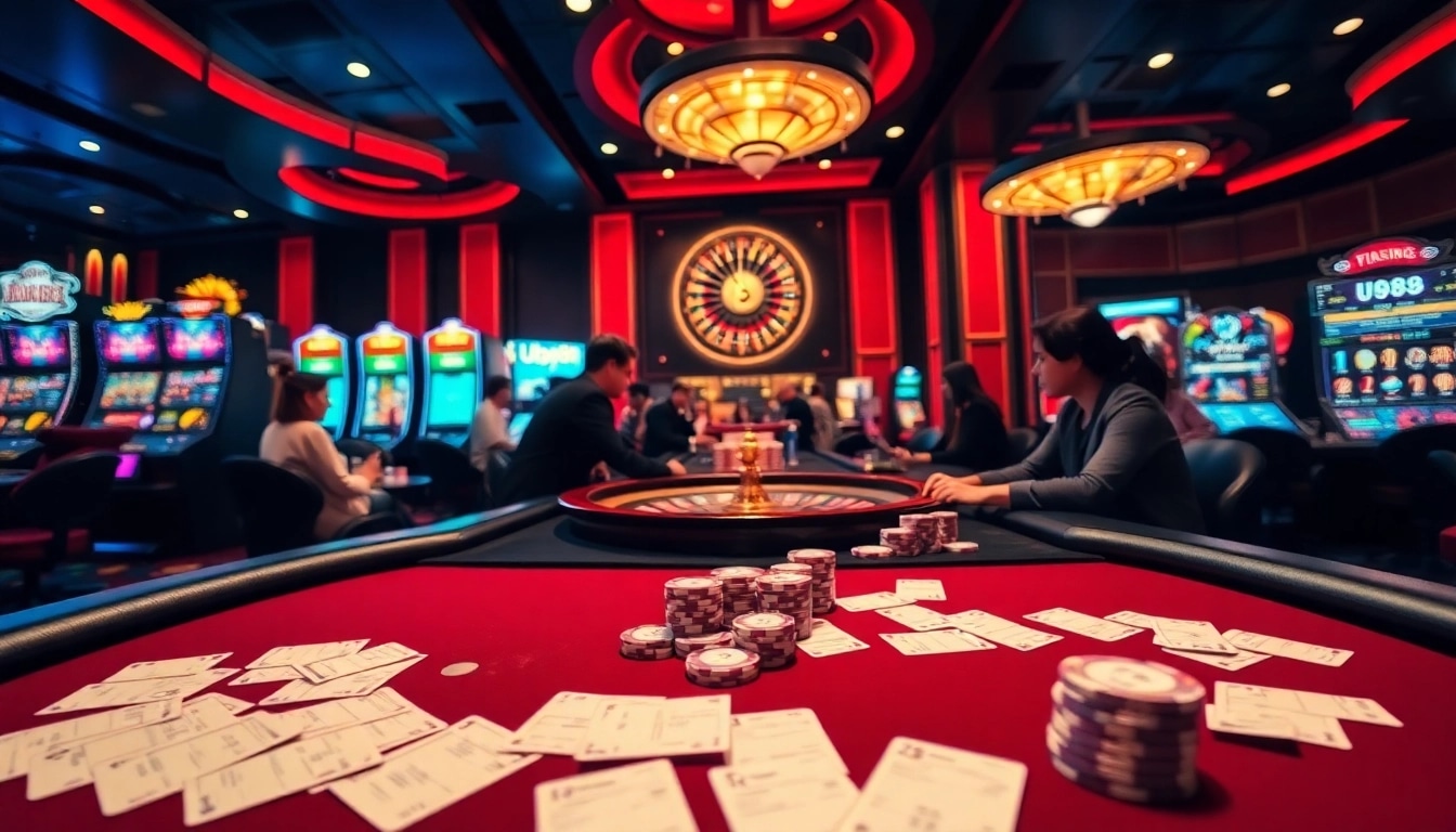 Players enjoying a high-stakes poker game at U888 casino, surrounded by vibrant slot machines.