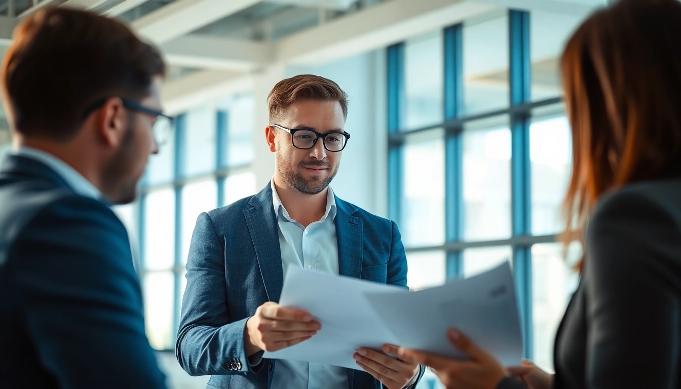 Headhunter IT im modernen Büro, der mit Kunden interagiert und Lebensläufe prüft.
