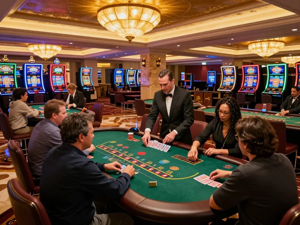 Players engaging in blackjack strategies at Man 88's luxurious casino tables with expert dealers.