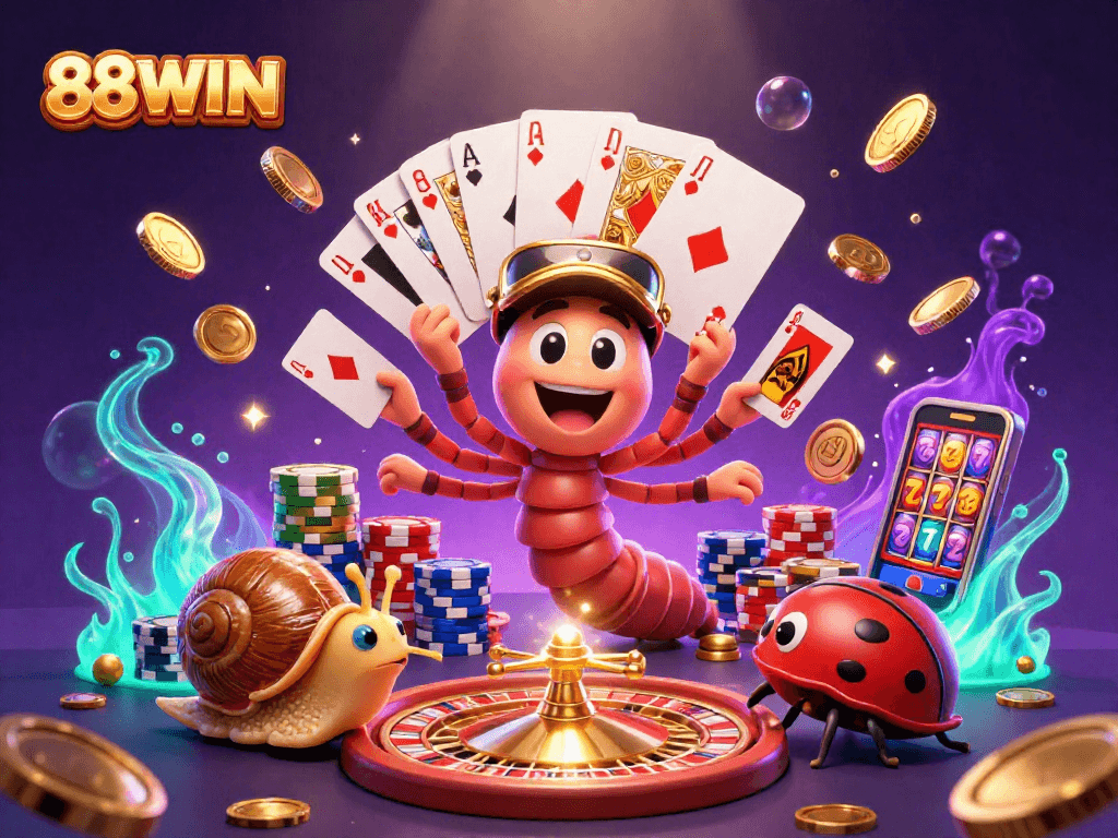 Experience the excitement of 88WIN with a whimsical 3D casino scene showcasing a vibrant dealer and high-stakes action.
