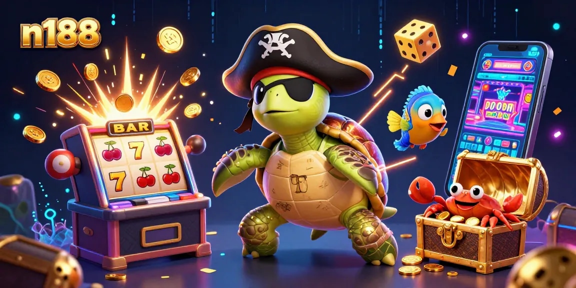 Experience the excitement of n188 with a vibrant 3D pirate turtle and casino elements celebrating wins.