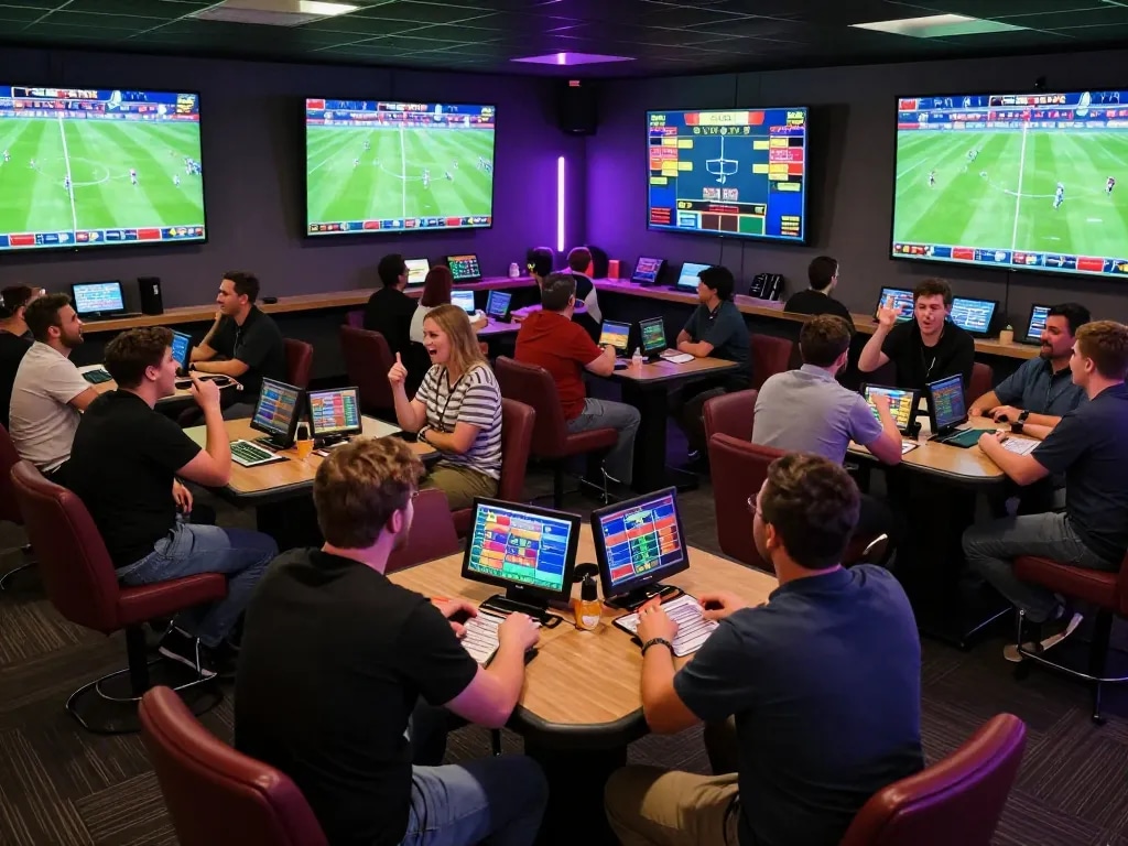Kèo nhà cái excitement in dynamic sports betting environment with fans cheering and live matches displayed.