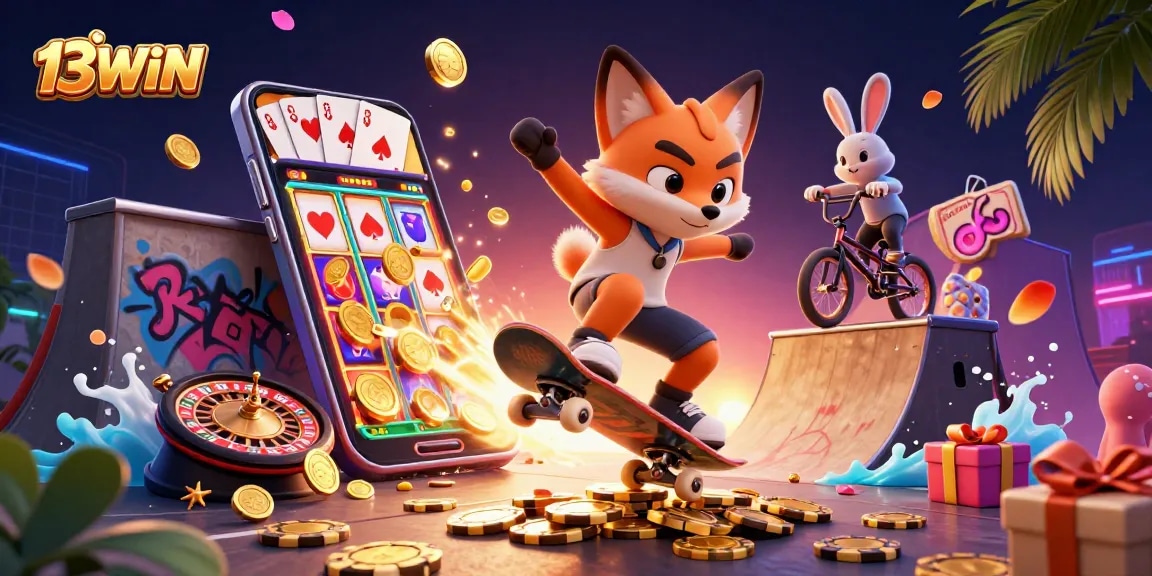Experience thrilling action with 13WIN as a cartoon fox performs stunts over golden poker chips amidst casino-themed graphics.