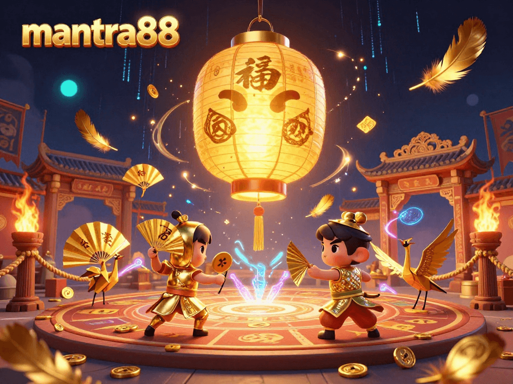 Engage with mantra88, featuring a glowing lantern spirit and dynamic casino elements.