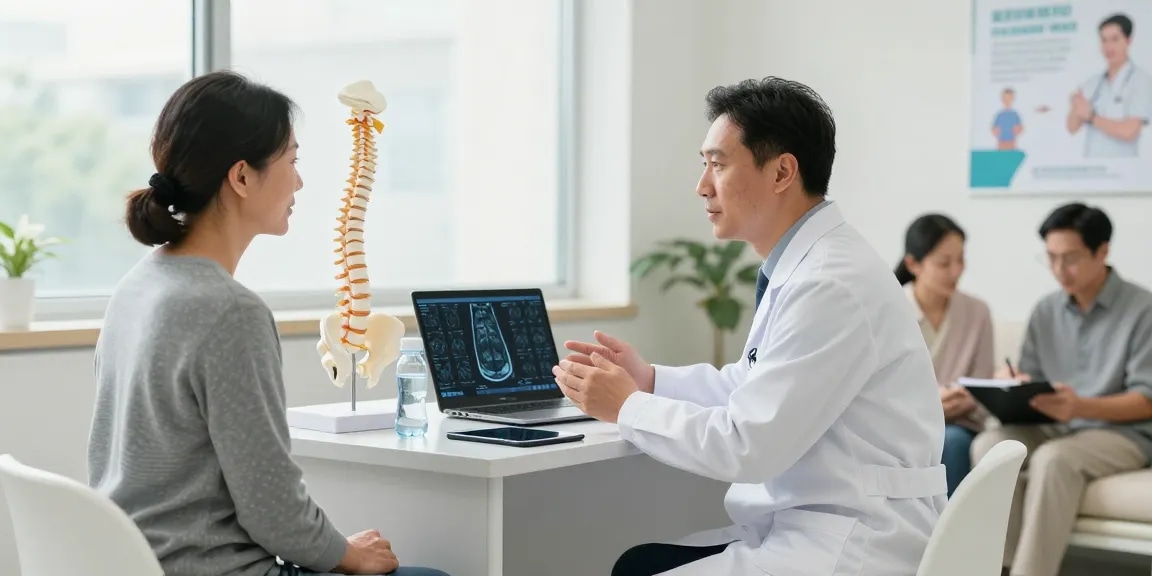 Boyun fıtığı ameliyatı consultation scene highlighting patient-doctor discussion in a modern clinical environment.