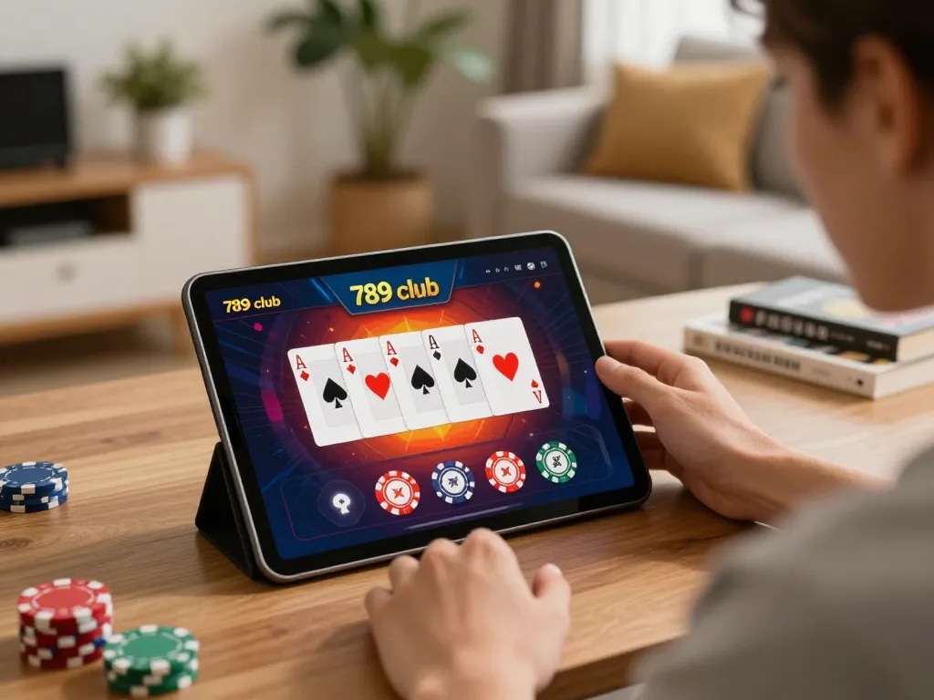Engage in online casino gaming with the vibrant 789 club app on a cozy tablet setup.