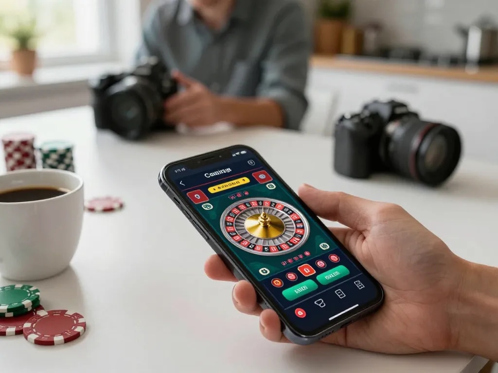 Engaging with an online casino app https on a smartphone while enjoying an inviting home setting, showcasing mobile gaming.