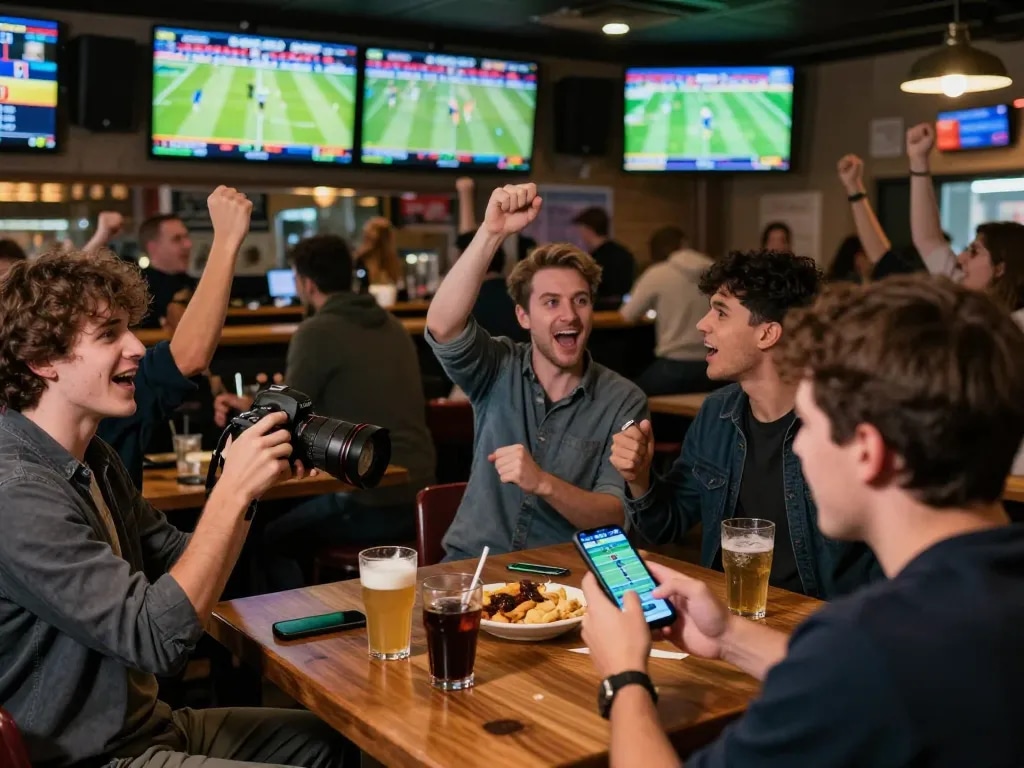 Active sports betting scene at bar with fans cheering on B sport outcomes, smartphone betting action highlighted.