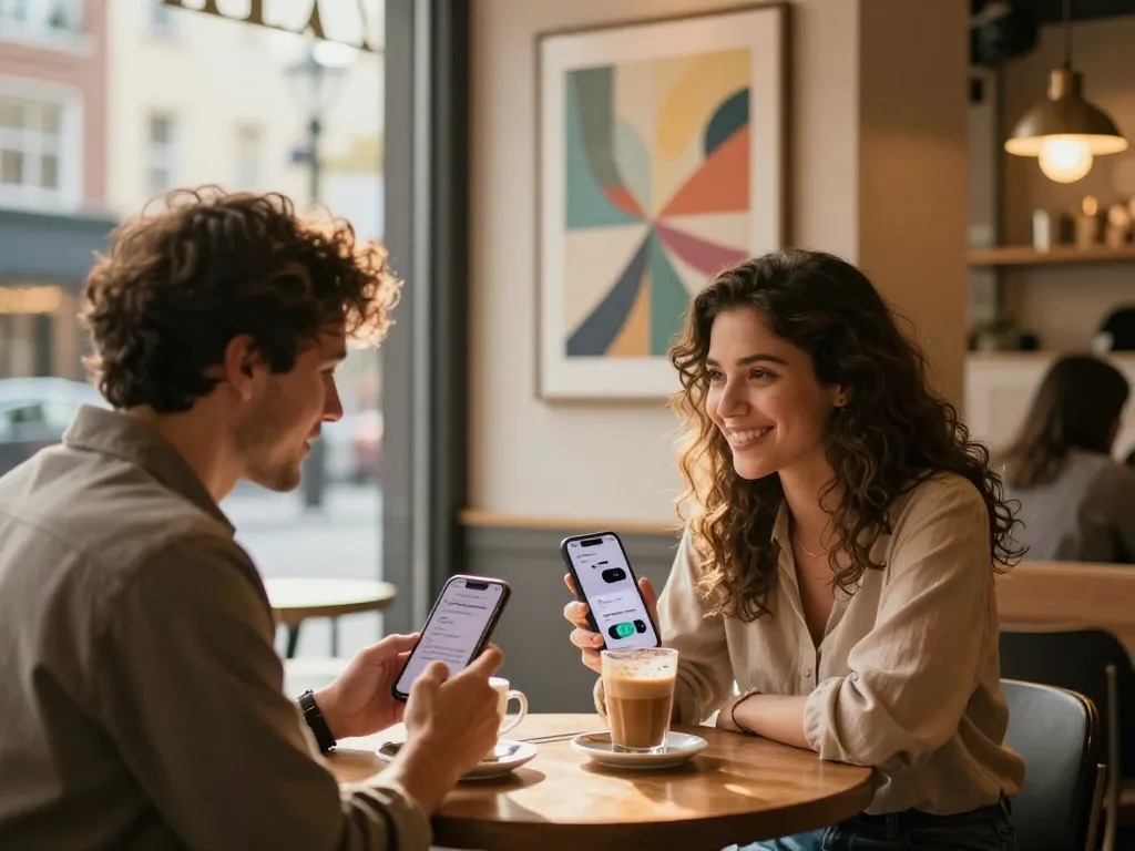 Couple enjoying a playful sexting ai conversation in a coffee shop.