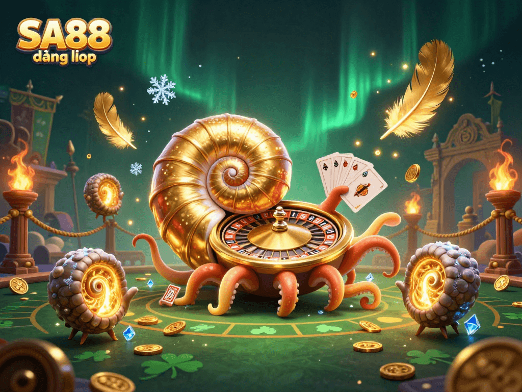 Experience the thrill of SA88 đăng nhập with an ancient giant nautilus roulette wheel, cards, and glowing ammonites.