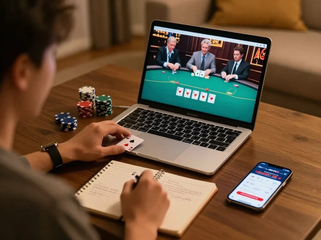 Sun win player analyzing poker strategy while gaming online in a cozy environment.