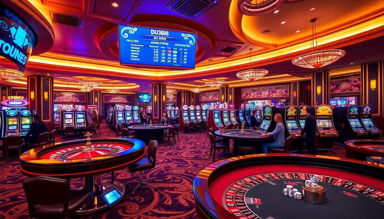 Experience the excitement of gambling at DU388 with vibrant casino visuals, roulette, and slot machines.