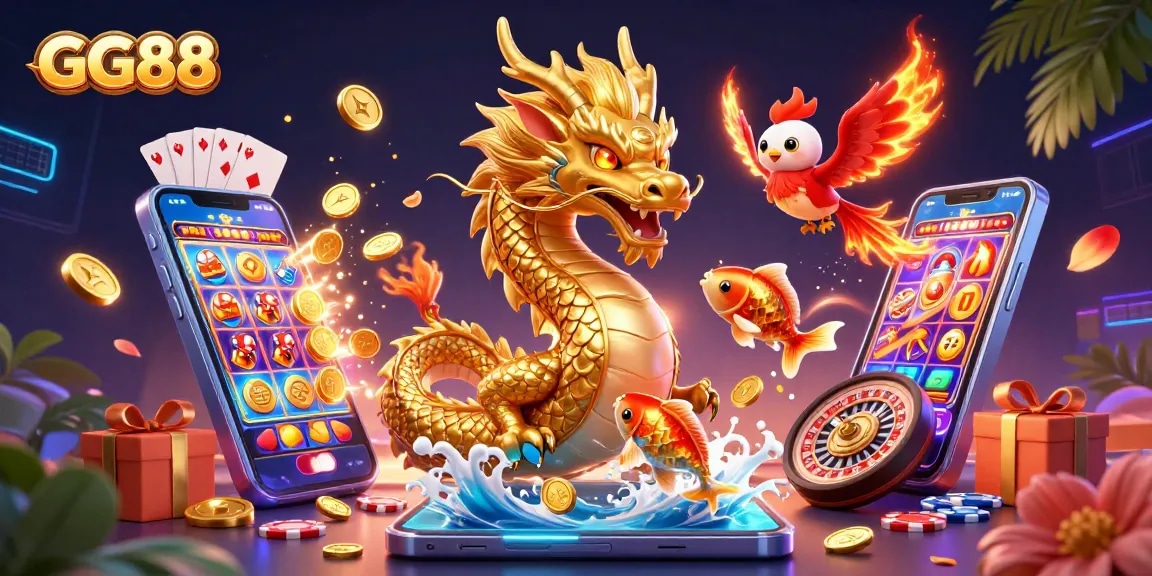 Experience thrilling wins with GG88 in a vibrant 3D casino scene featuring rich gameplay elements.