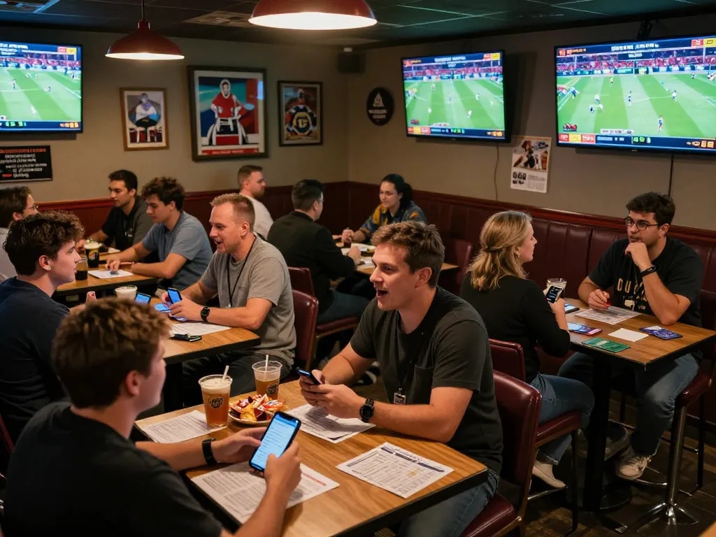 Fans engaging in soi kèo nhà cái at a sports betting lounge while watching live games.