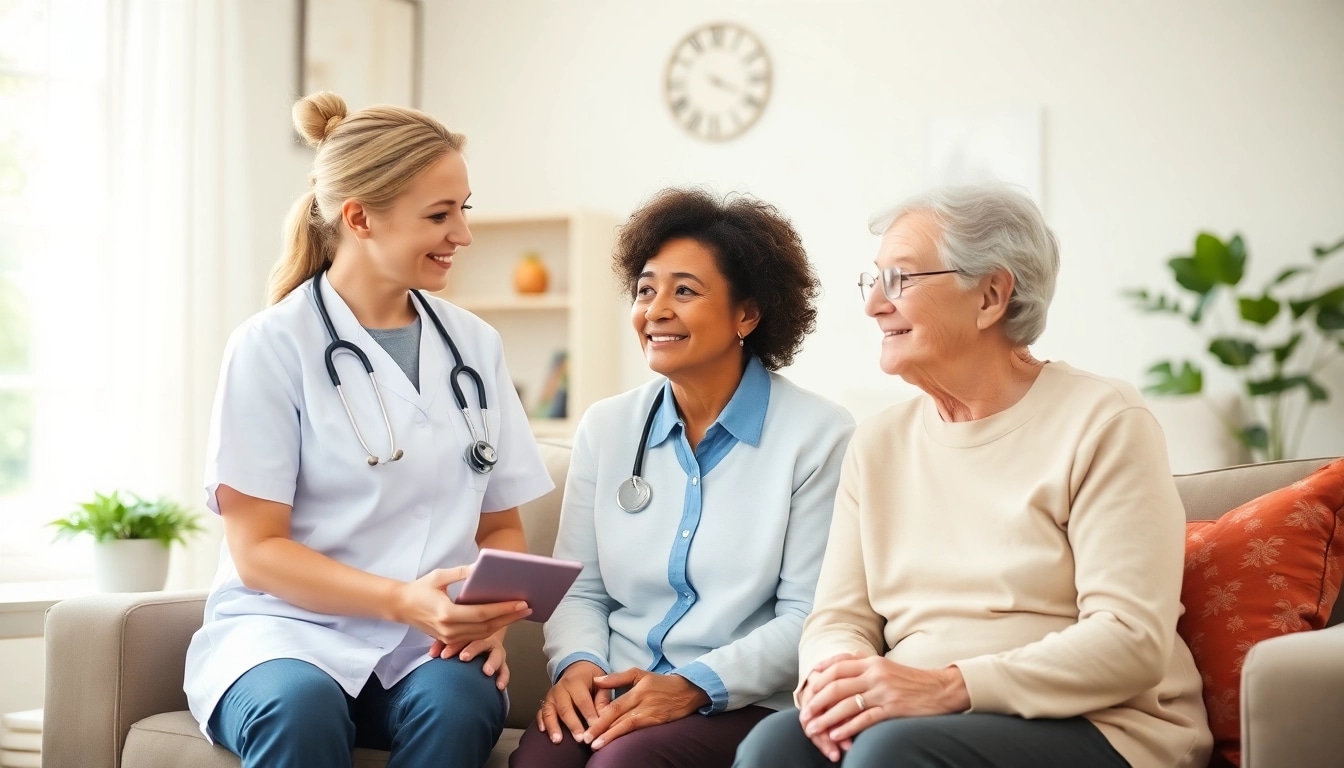 Engaging consultation scene featuring pflegeberatung köln with a caring nurse helping an elderly couple.