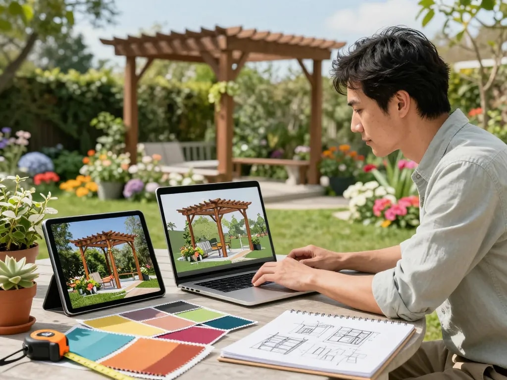 Designer verwenden Software für Pergola-Installateure, um eine individuelle Pergola in einer lebhaften Gartenumgebung zu visualisieren und zu erstellen.