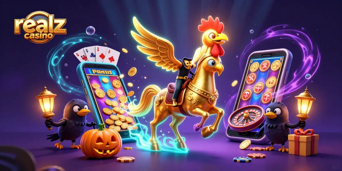 Experience excitement at realz casino with colorful slot games and golden rewards in a magical scene.
