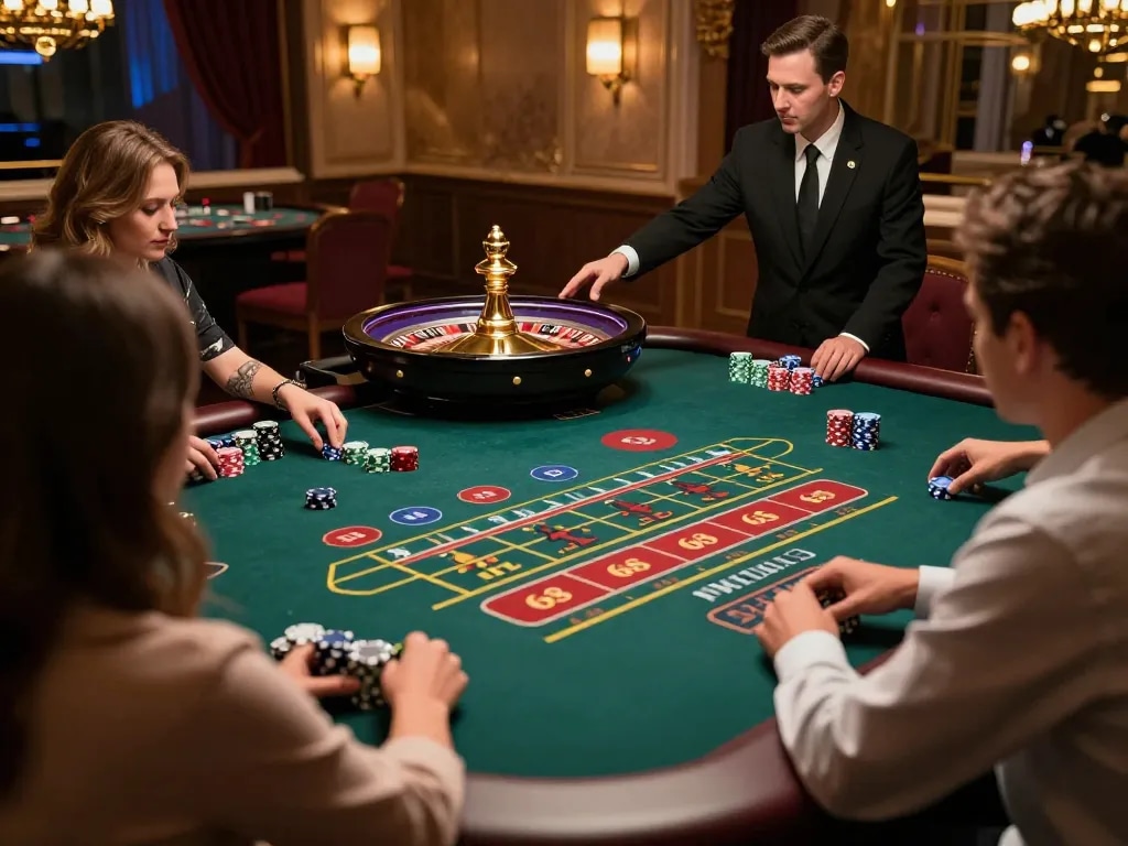 Experience the thrill of the f168 game at a luxurious roulette table with players in action.