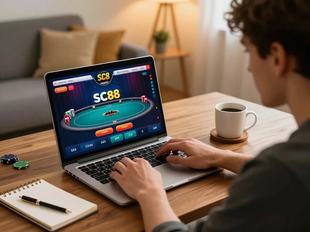 Player enjoying SC88 online poker at home, focused on strategy and gameplay.