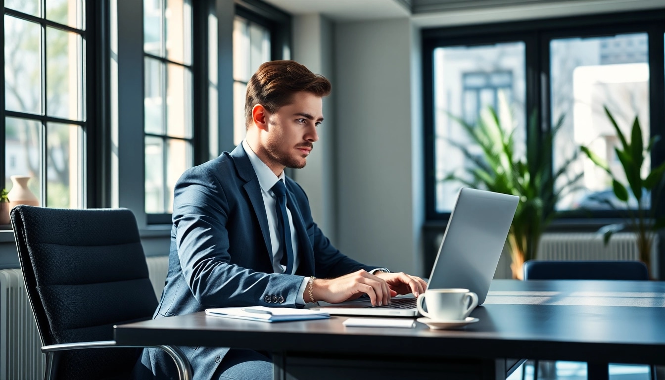 Headhunter, der konzentriert in einem modernen Büro am Laptop arbeitet.