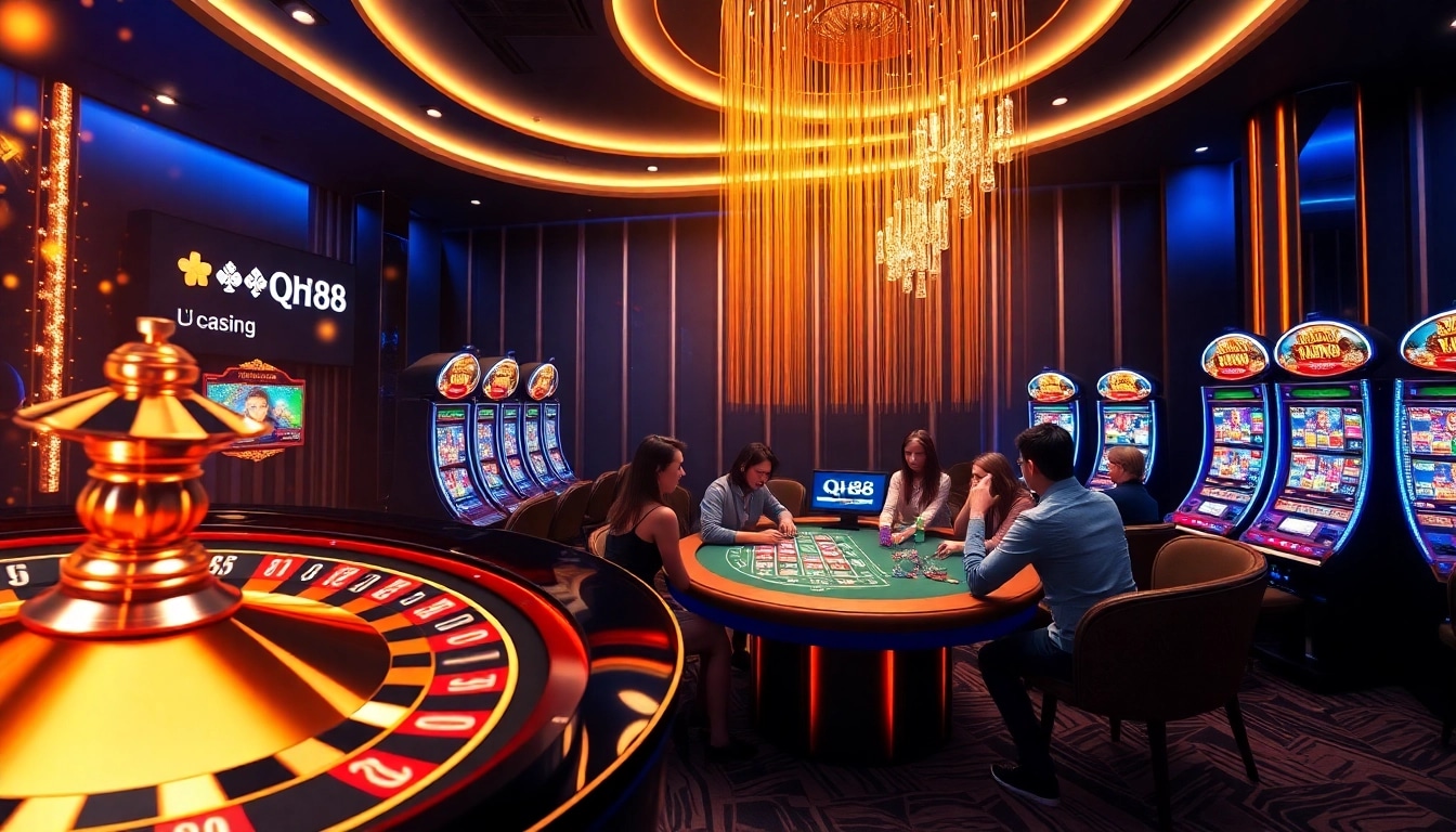 Engage in thrilling online gambling at qh88 with vibrant casino tables and exciting gaming visuals.