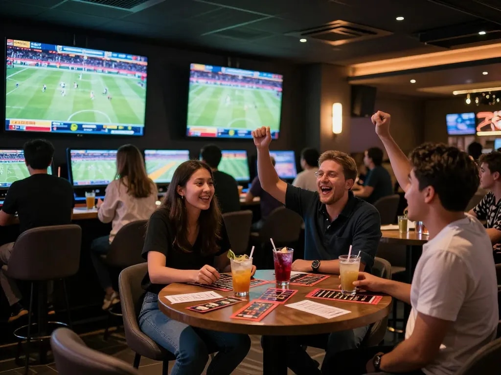 Engaged bettors analyzing odds as fabet offers live sports betting excitement in a vibrant lounge