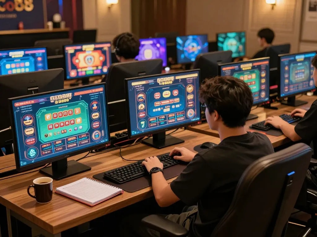 Player engaging with GO88 games in a stylish home gaming setup with multiple screens
