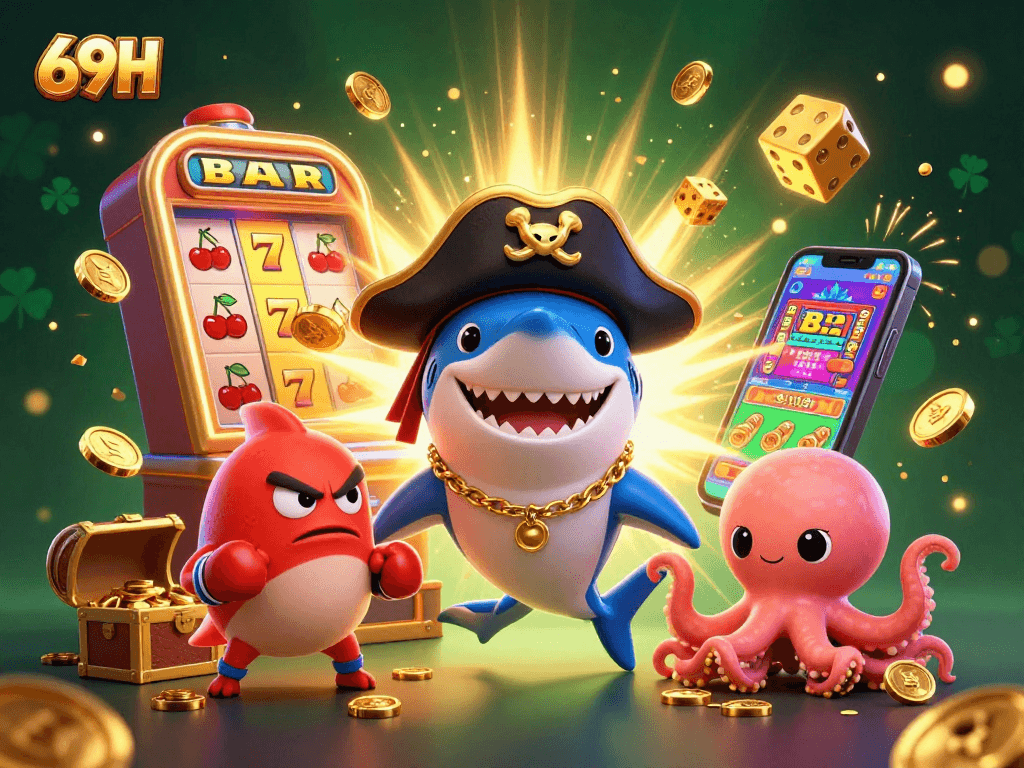 Viva a emoção do cassino com 69H ao lado de um tubarão pirata e um polvo carregando moedas de ouro.