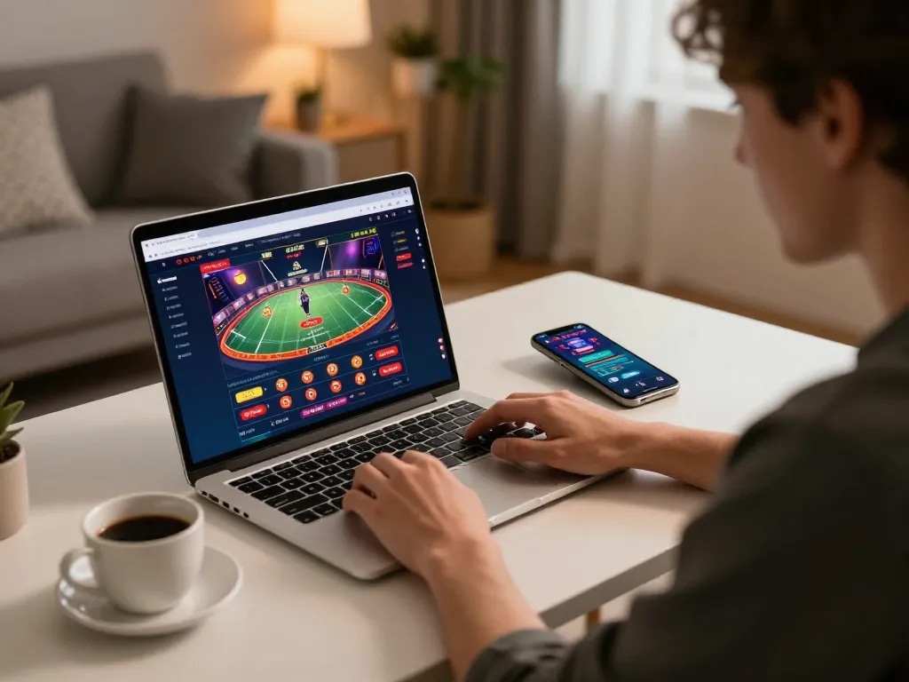 KJC player strategically analyzing online betting options in a cozy gaming environment