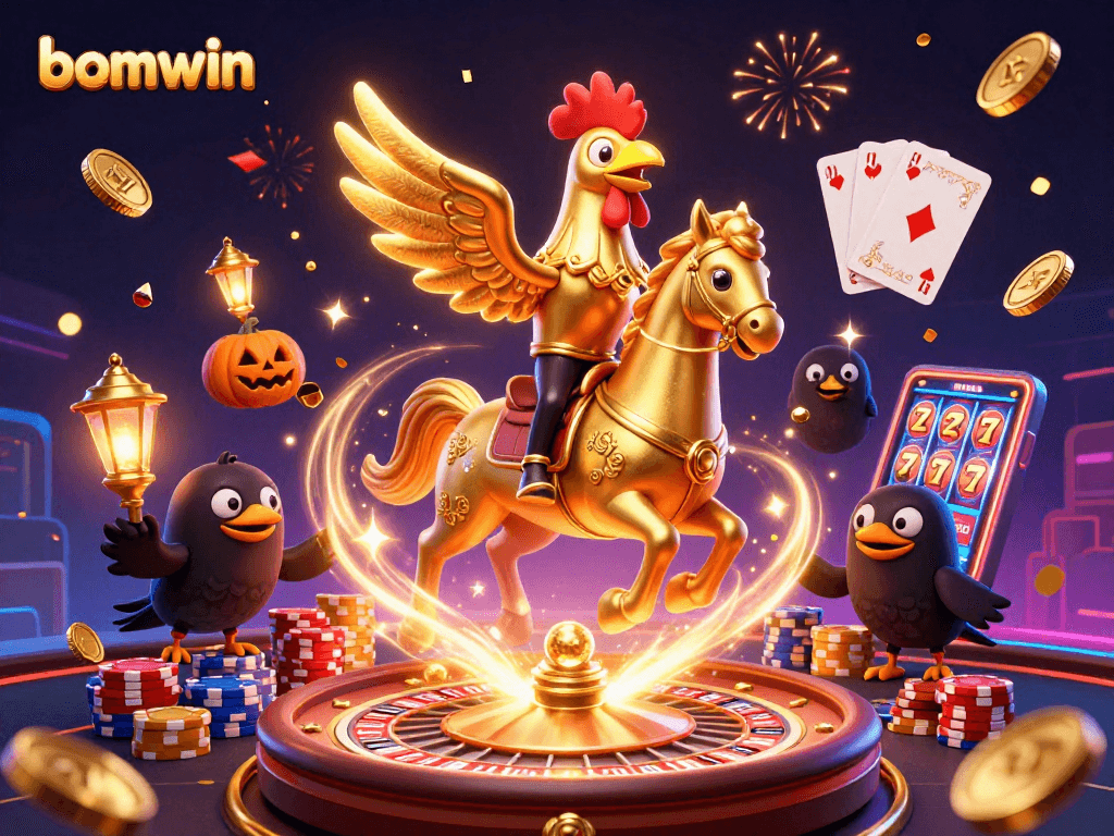 Experience thrilling casino action with bomwin, featuring a golden rooster and playful crows amid cascading coins.