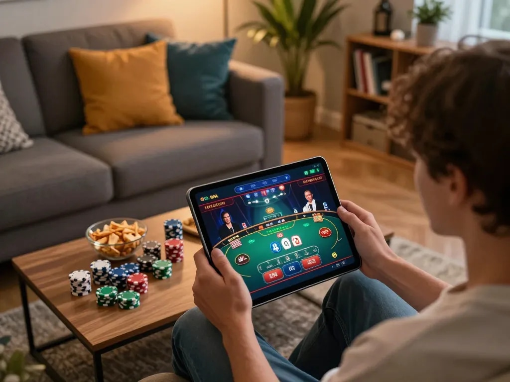 Engaged player enjoying SC88COM casino app in cozy home setting with snacks and gaming atmosphere.
